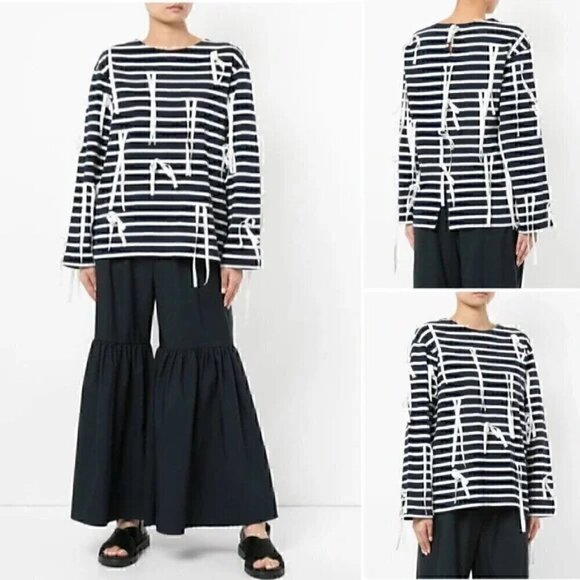 Goen.J Ribbon Stripe Top Small Navy White Oversized Cotton Blouse - Picture 1 of 8